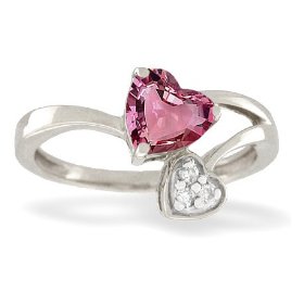 14K White Gold Genuine Heart Pink Tourmaline and Diamond Ring