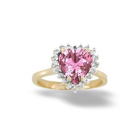 14K Yellow or White Gold Openwork Heart Trio Gemstone and Diamond Ring-Pink Sapphire-full, half sizes from 5-8.5