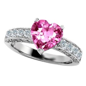 Heart Pink Sapphire and Genuine Diamond Engagement Rings