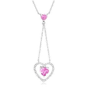 10k White Gold Created Pink Sapphire and Diamond Heart Drop Pendant