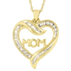 18k Gold Overlay Sterling Silver Diamond "Mom" Heart Pendant (.25 cttw)
