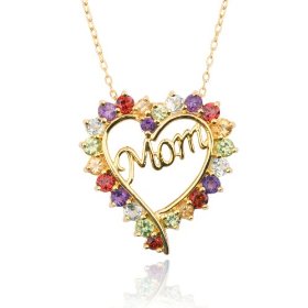 Yellow Gold Overlay Sterling Silver Multi-Gemstone "Mom" Heart Pendant